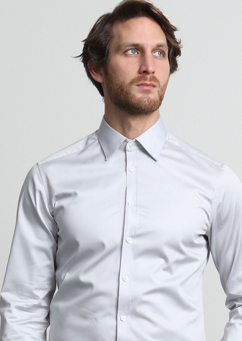 Siyah Düz Slim Fit Dokuma Klasik Pamuk Karışımlı Gömlek - 2