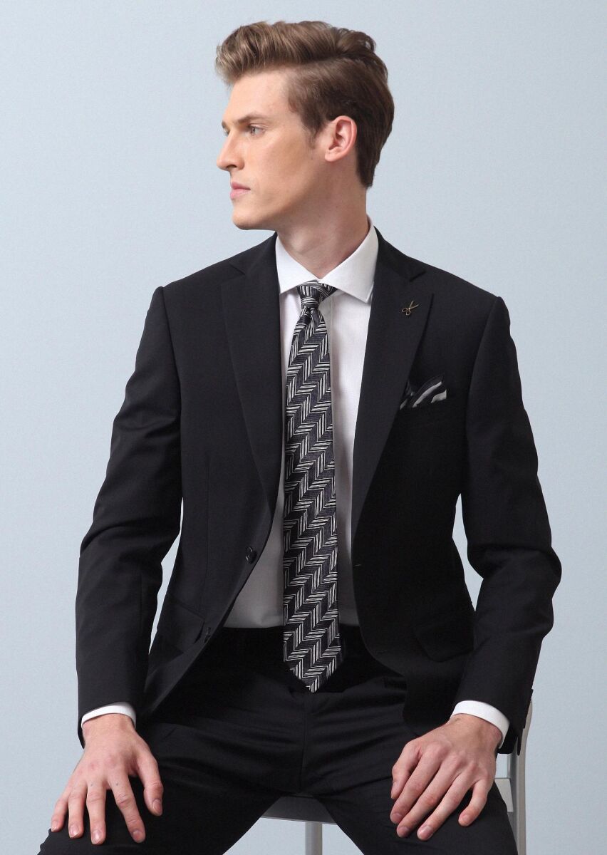 Siyah Düz Thin&taller Slim Fit %100 Yün Takım Elbise - 2
