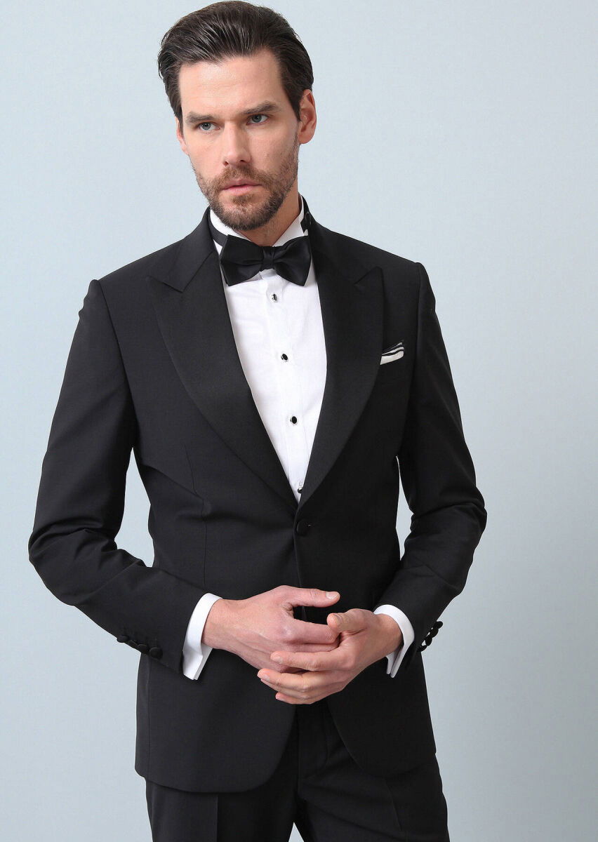 Siyah Düz Thin&taller Slim Fit Kruvaze Yaka Dokuma Smokin Takım Elbise - 1