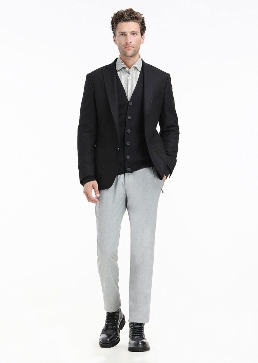 Siyah Düz Zeroweight Slim Fit Yün Karışımlı Ceket - 1