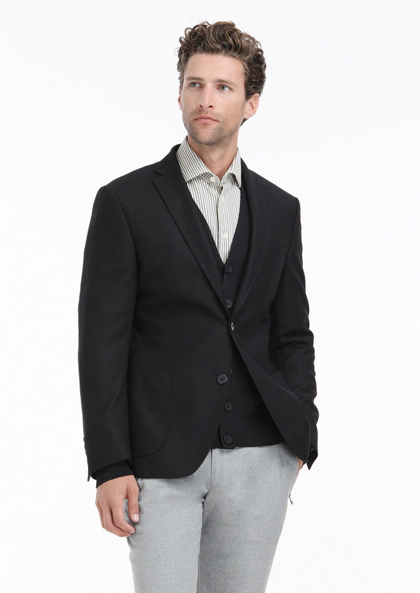 Siyah Düz Zeroweight Slim Fit Yün Karışımlı Ceket - 2