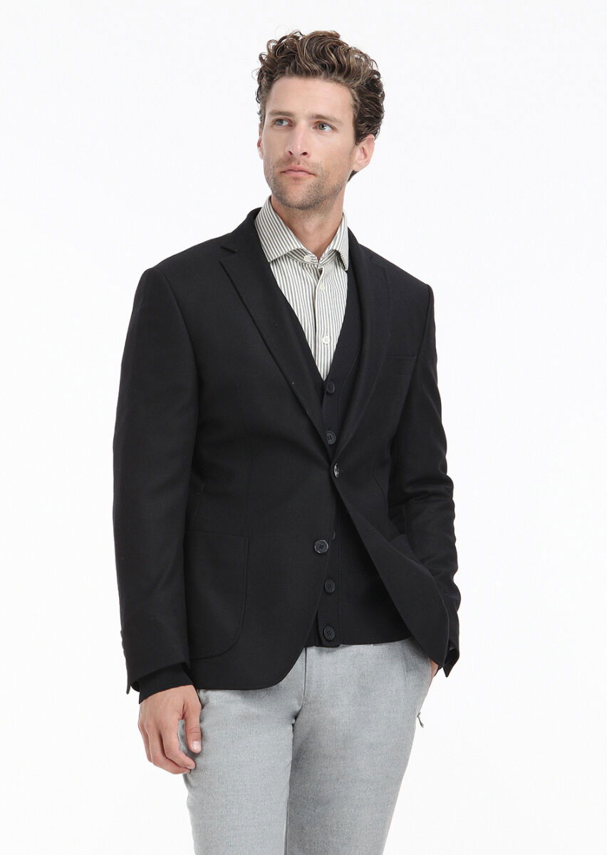 Siyah Düz Zeroweight Slim Fit Yün Karışımlı Ceket - 2