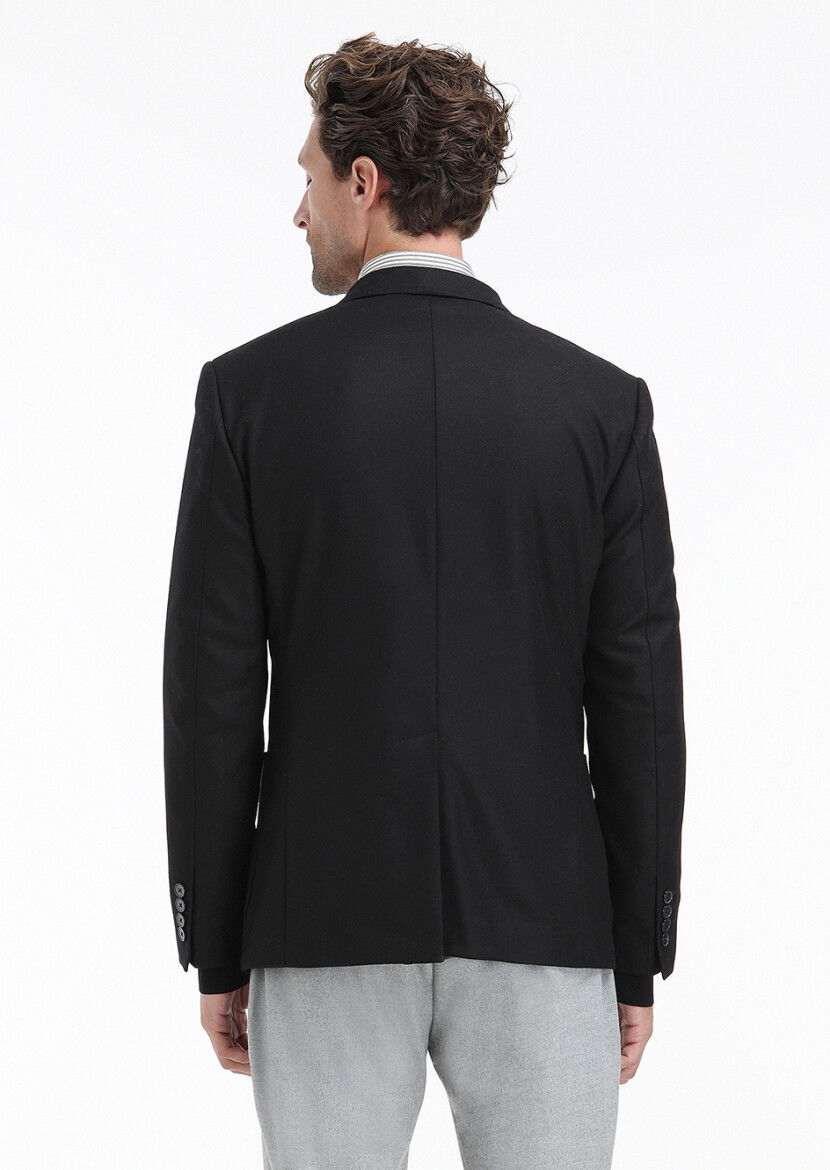Siyah Düz Zeroweight Slim Fit Yün Karışımlı Ceket - 5