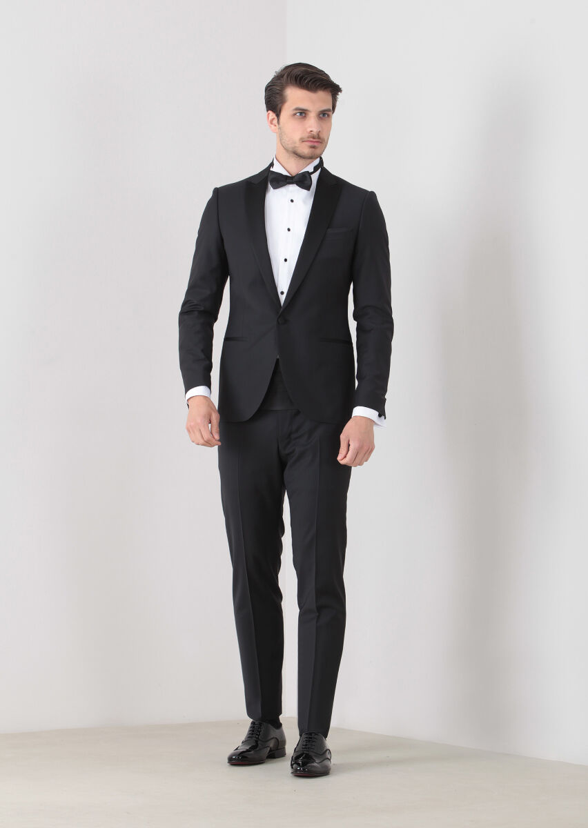 Siyah Fashion Slim Fit Kruvaze Yaka Dokuma Smokin Takım Elbise - 1