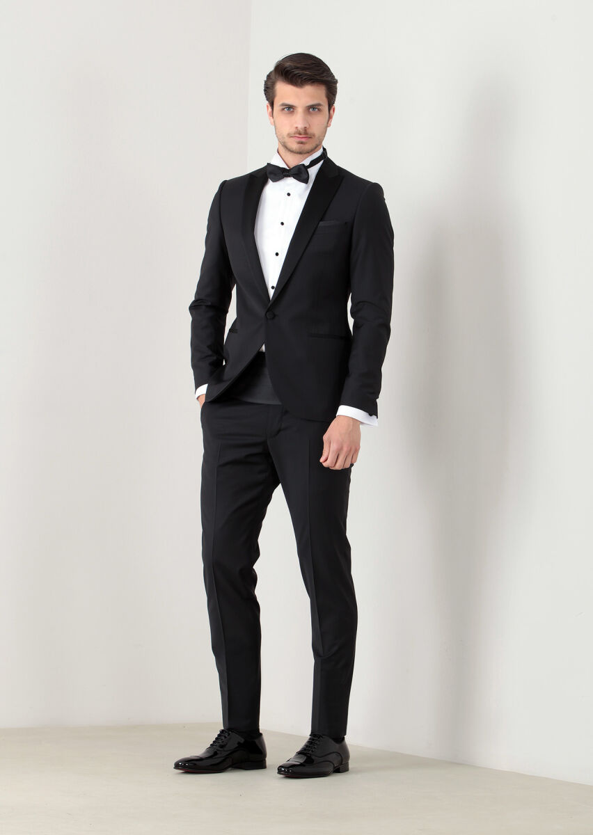 Siyah Fashion Slim Fit Kruvaze Yaka Dokuma Smokin Takım Elbise - 2