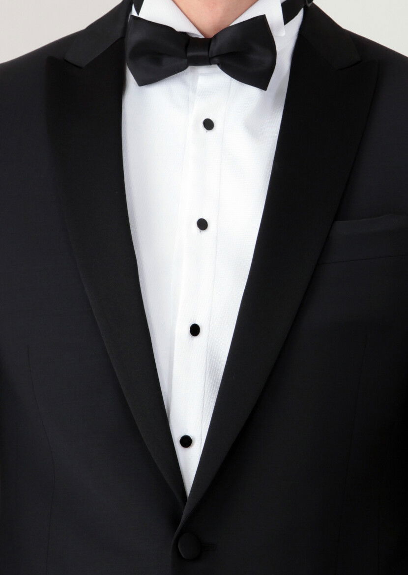 Siyah Fashion Slim Fit Kruvaze Yaka Dokuma Smokin Takım Elbise - 3