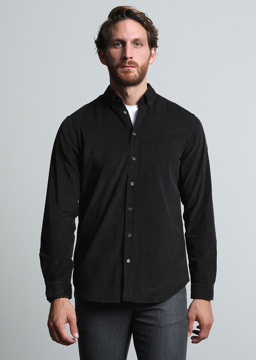 Siyah Fitilli Regular Fit Dokuma Kadife Casual %100 Pamuk Gömlek - 1