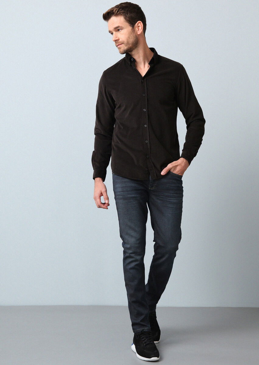 Siyah Fitilli Regular Fit Dokuma Kadife Casual %100 Pamuk Gömlek - 3