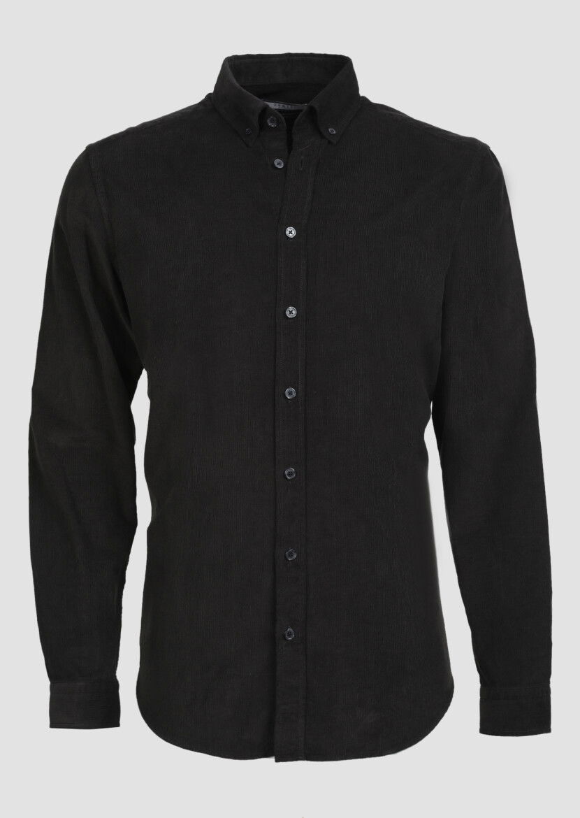 Siyah Fitilli Regular Fit Dokuma Kadife Casual %100 Pamuk Gömlek - 6