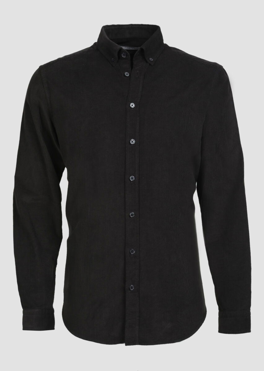 Siyah Fitilli Regular Fit Dokuma Kadife Casual %100 Pamuk Gömlek - 6