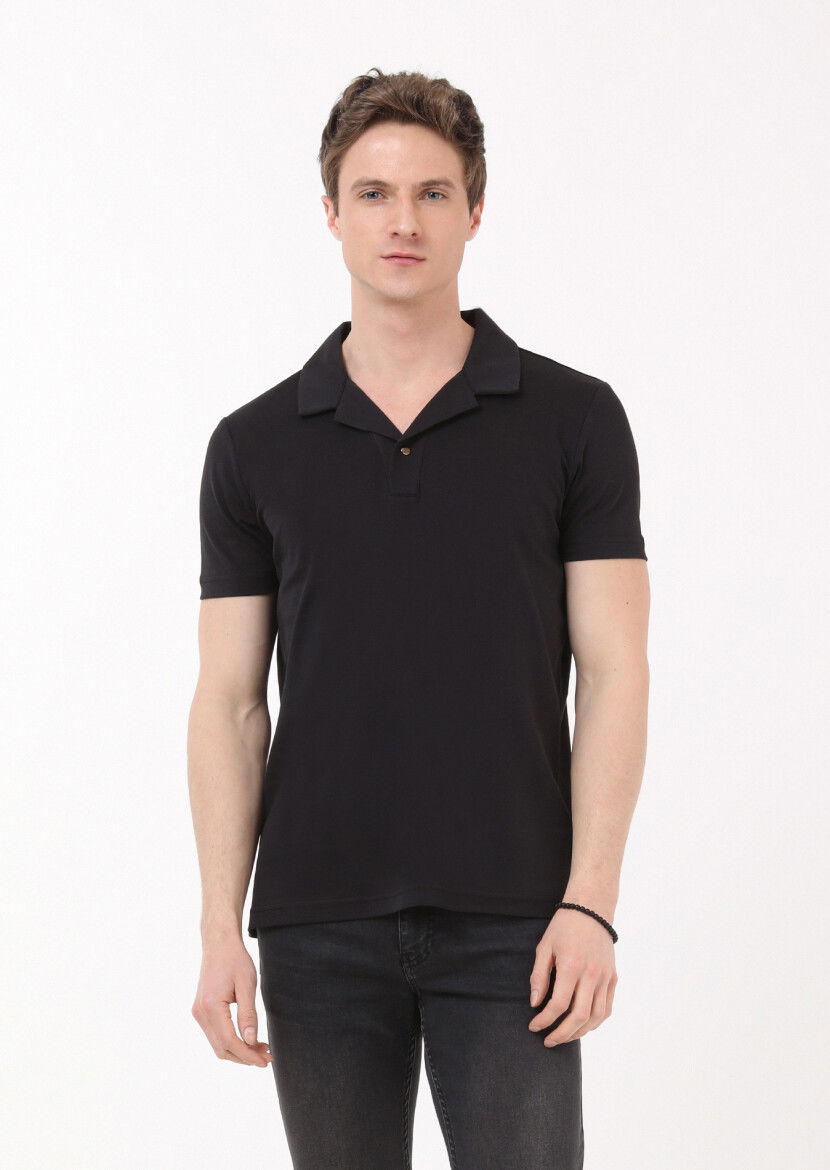 Siyah Jakarlı Küba Yaka %100 Pamuk T-Shirt 