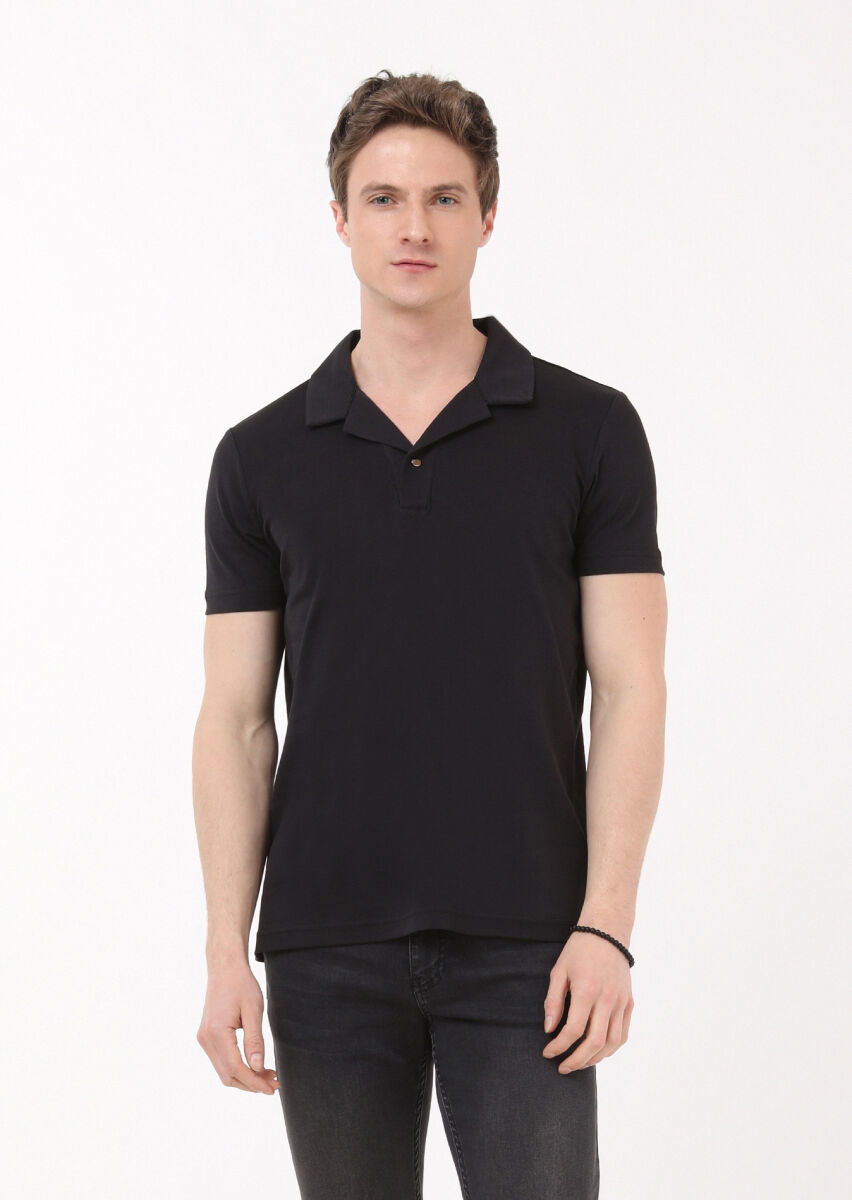 Siyah Jakarlı Küba Yaka %100 Pamuk T-Shirt - 1