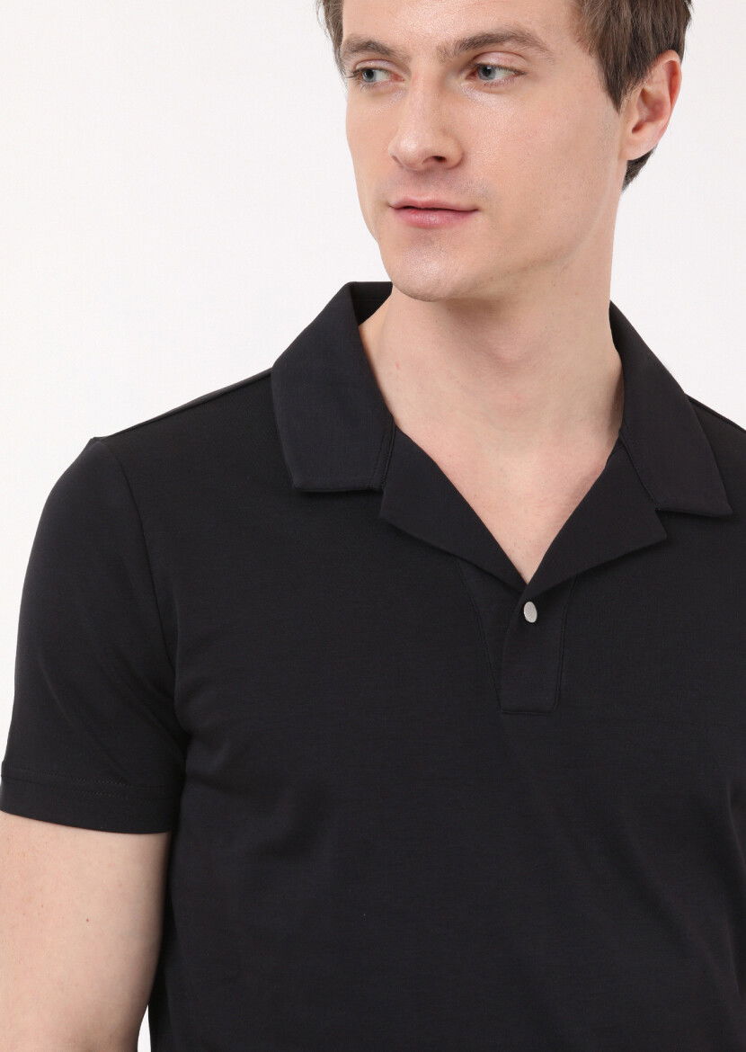 Siyah Jakarlı Küba Yaka %100 Pamuk T-Shirt - 2