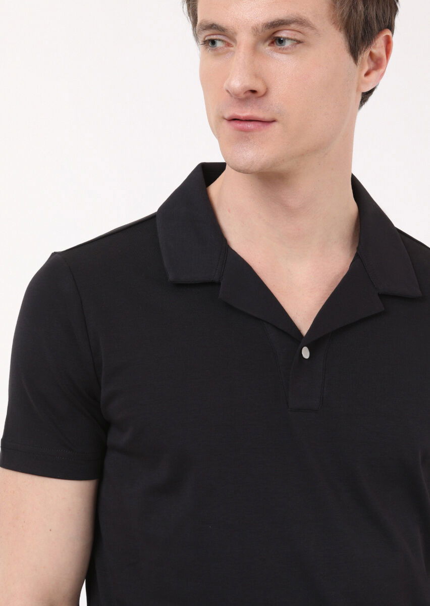 Siyah Jakarlı Küba Yaka %100 Pamuk T-Shirt - 2