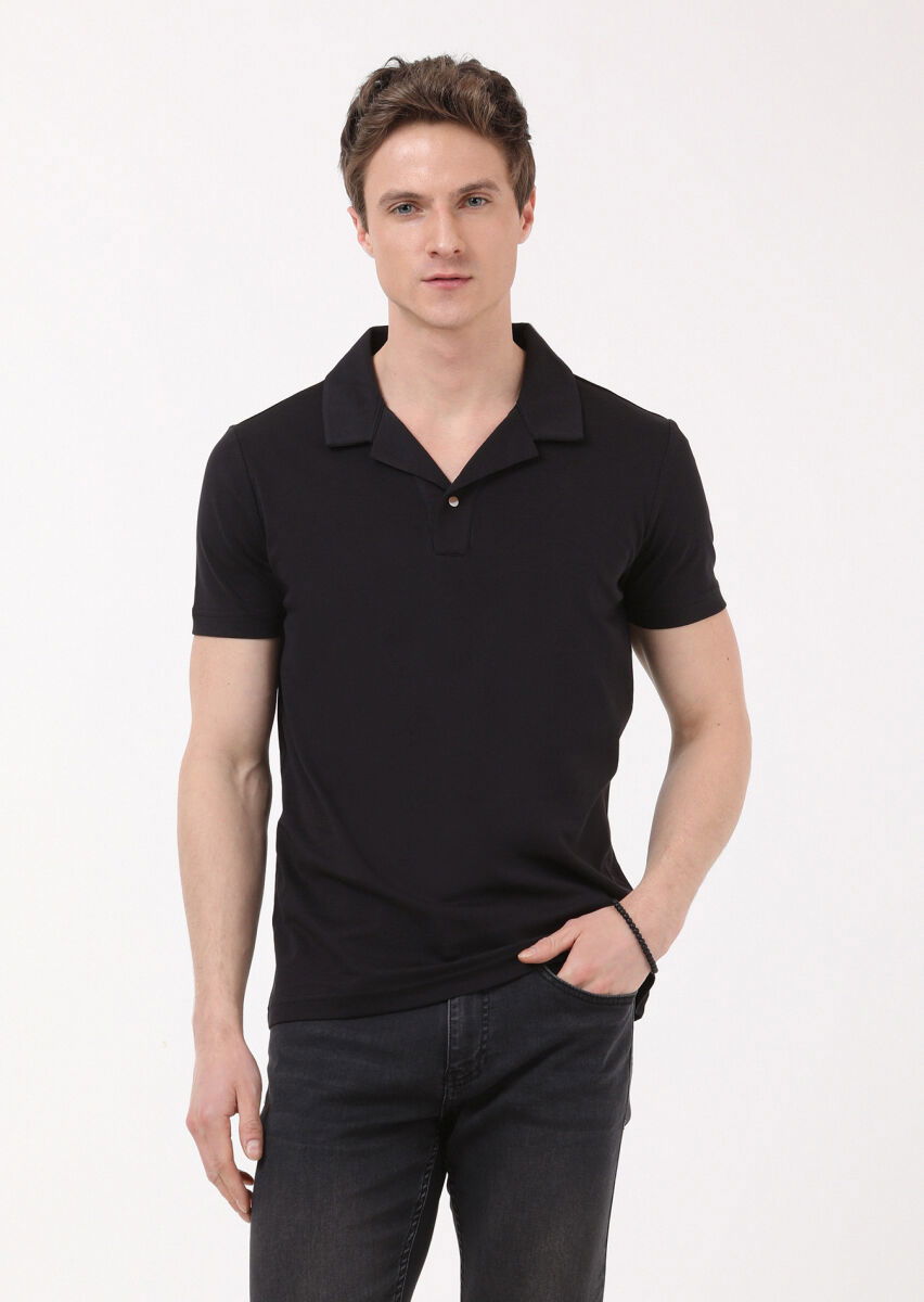 Siyah Jakarlı Küba Yaka %100 Pamuk T-Shirt - 3