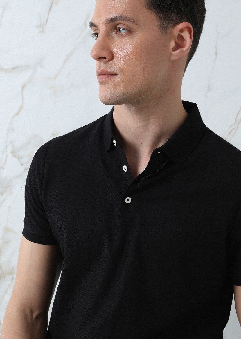 Siyah Jakarlı Polo Yaka %100 Pamuk T-Shirt 