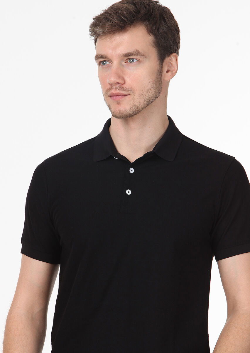 Siyah Jakarlı Polo Yaka %100 Pamuk T-Shirt - 2