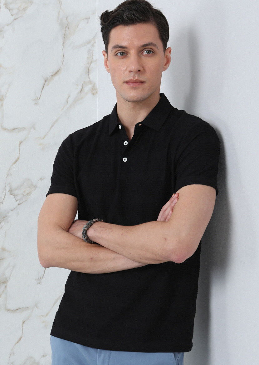 Siyah Jakarlı Polo Yaka %100 Pamuk T-Shirt - 1