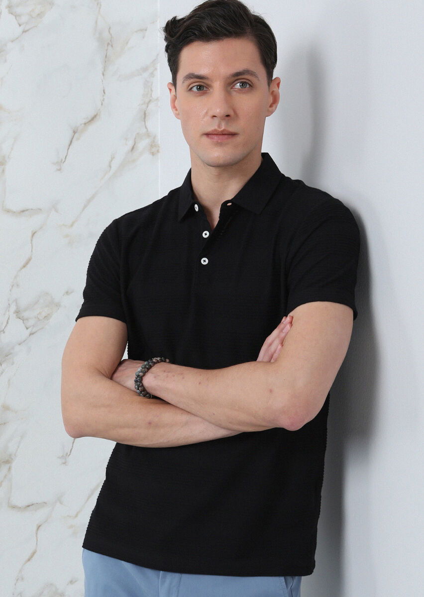 Siyah Jakarlı Polo Yaka %100 Pamuk T-Shirt - 1
