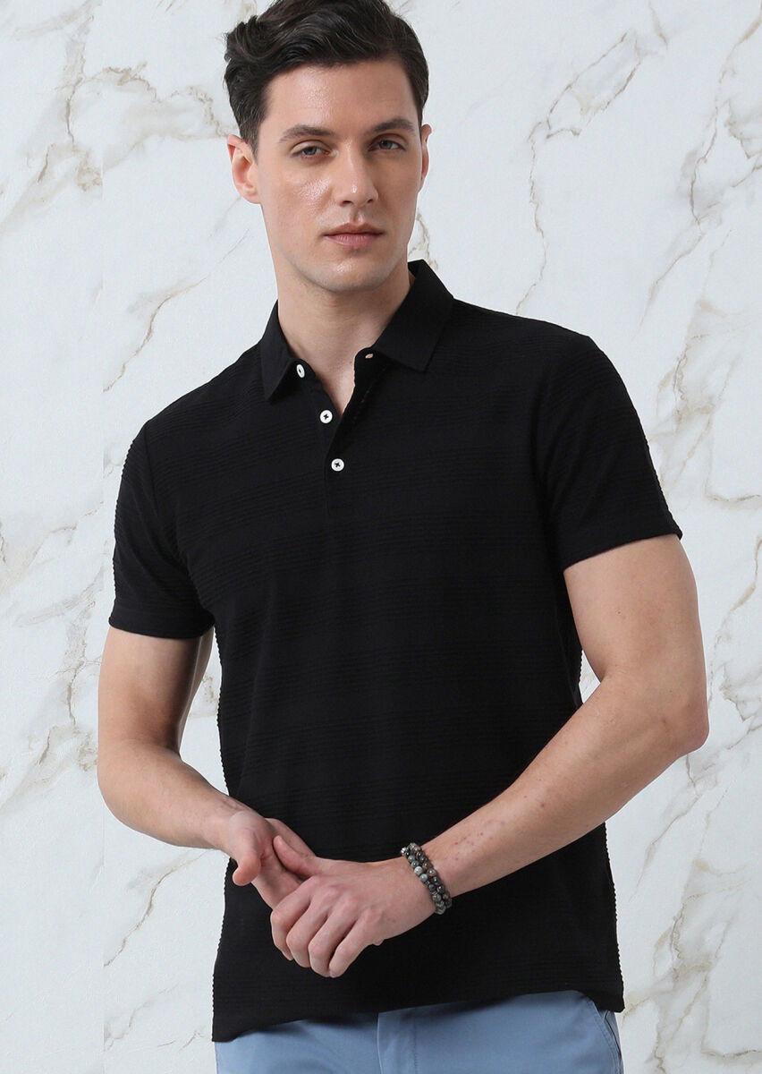 Siyah Jakarlı Polo Yaka %100 Pamuk T-Shirt - 2
