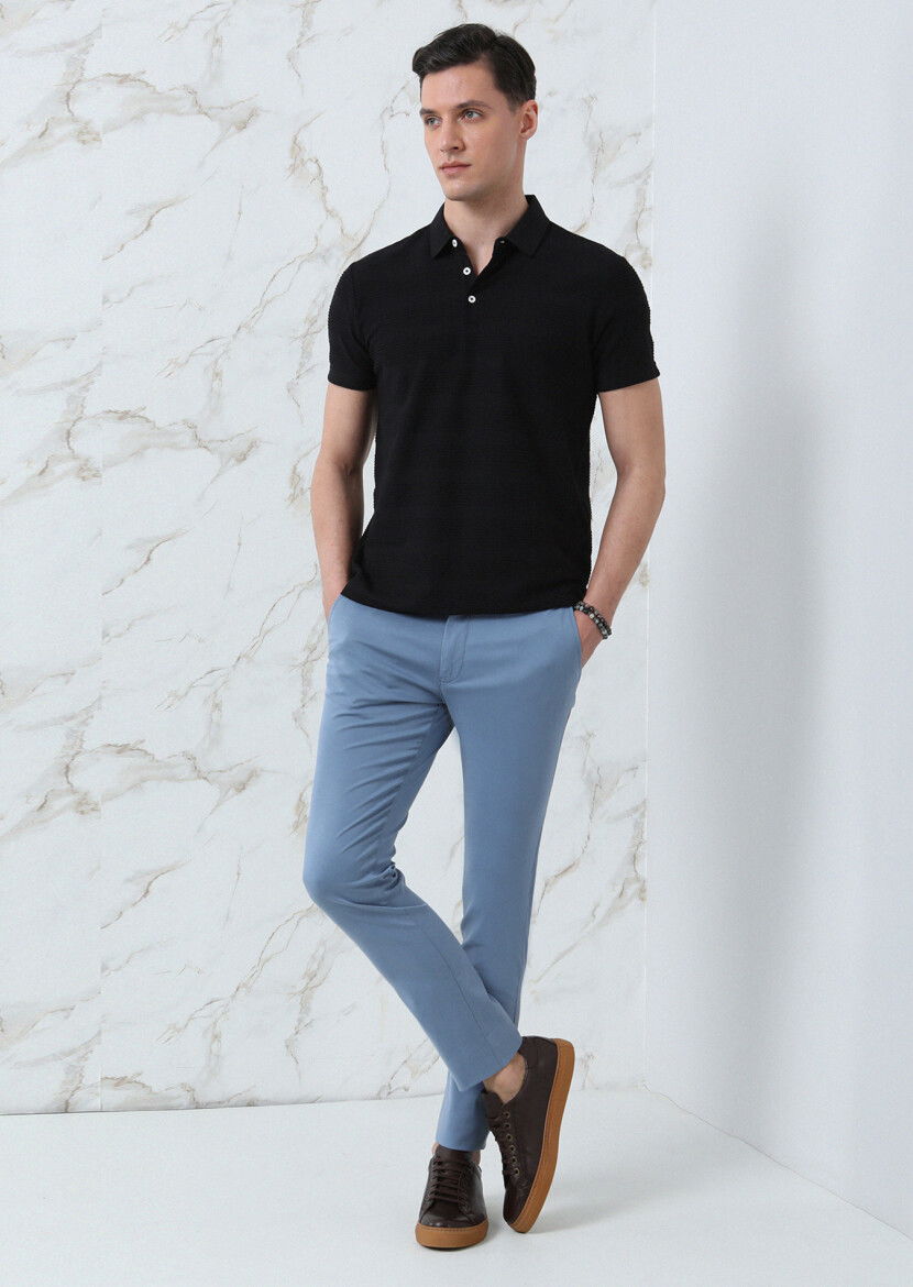 Siyah Jakarlı Polo Yaka %100 Pamuk T-Shirt - 4