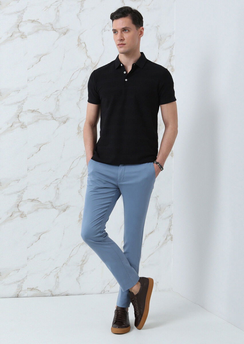 Siyah Jakarlı Polo Yaka %100 Pamuk T-Shirt - 4