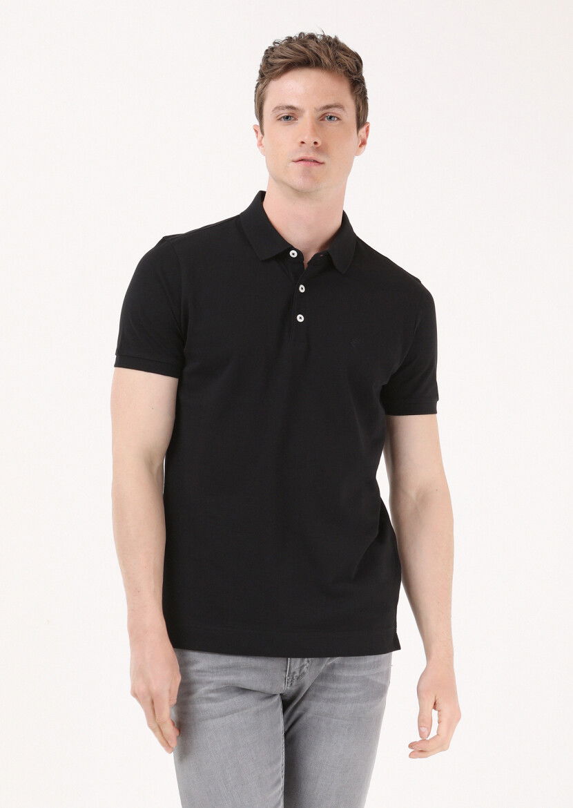 Siyah Jakarlı Polo Yaka %100 Pamuk T-Shirt - 1
