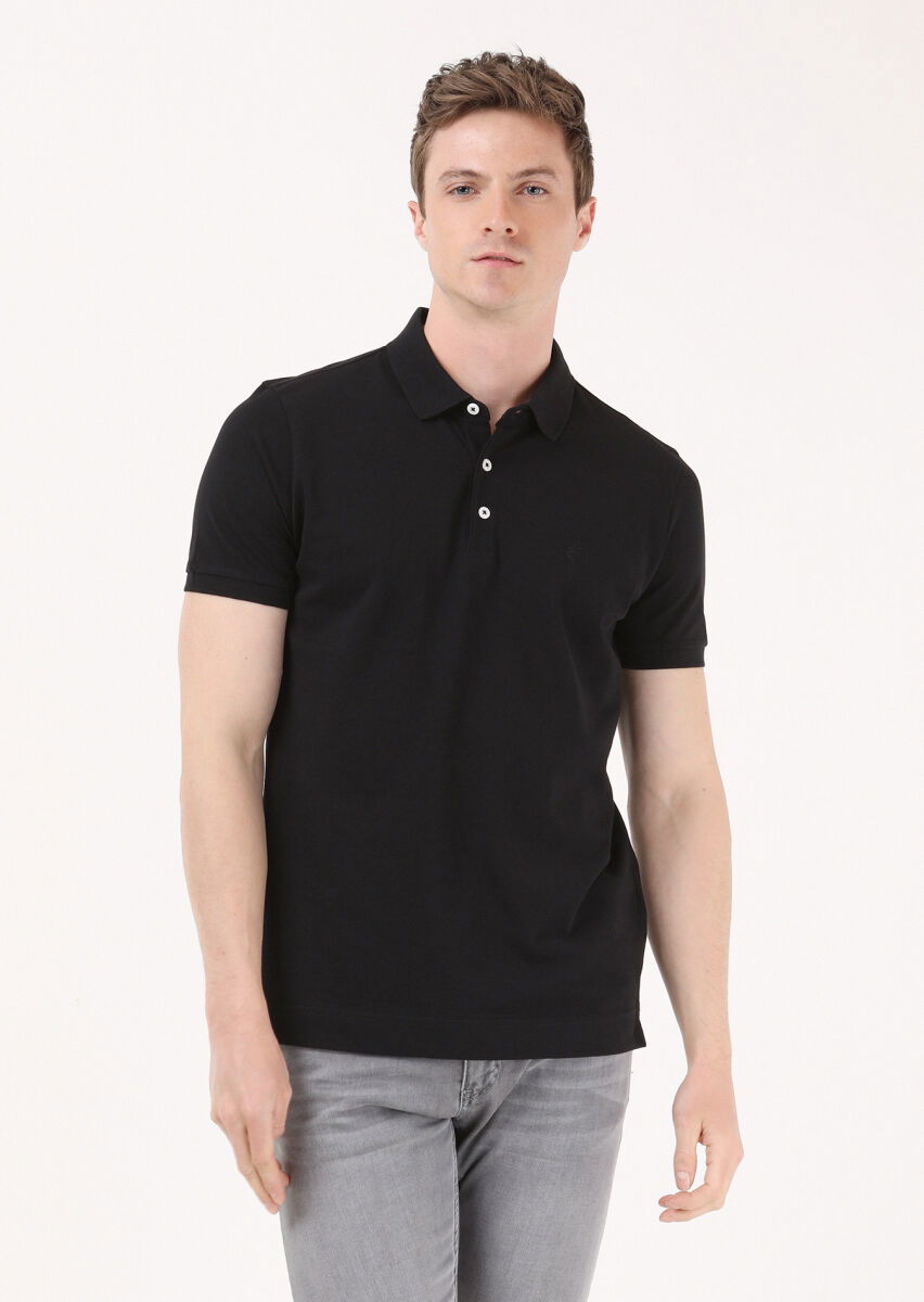 Siyah Jakarlı Polo Yaka %100 Pamuk T-Shirt - 1