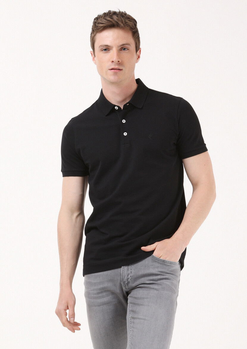 Siyah Jakarlı Polo Yaka %100 Pamuk T-Shirt - 3