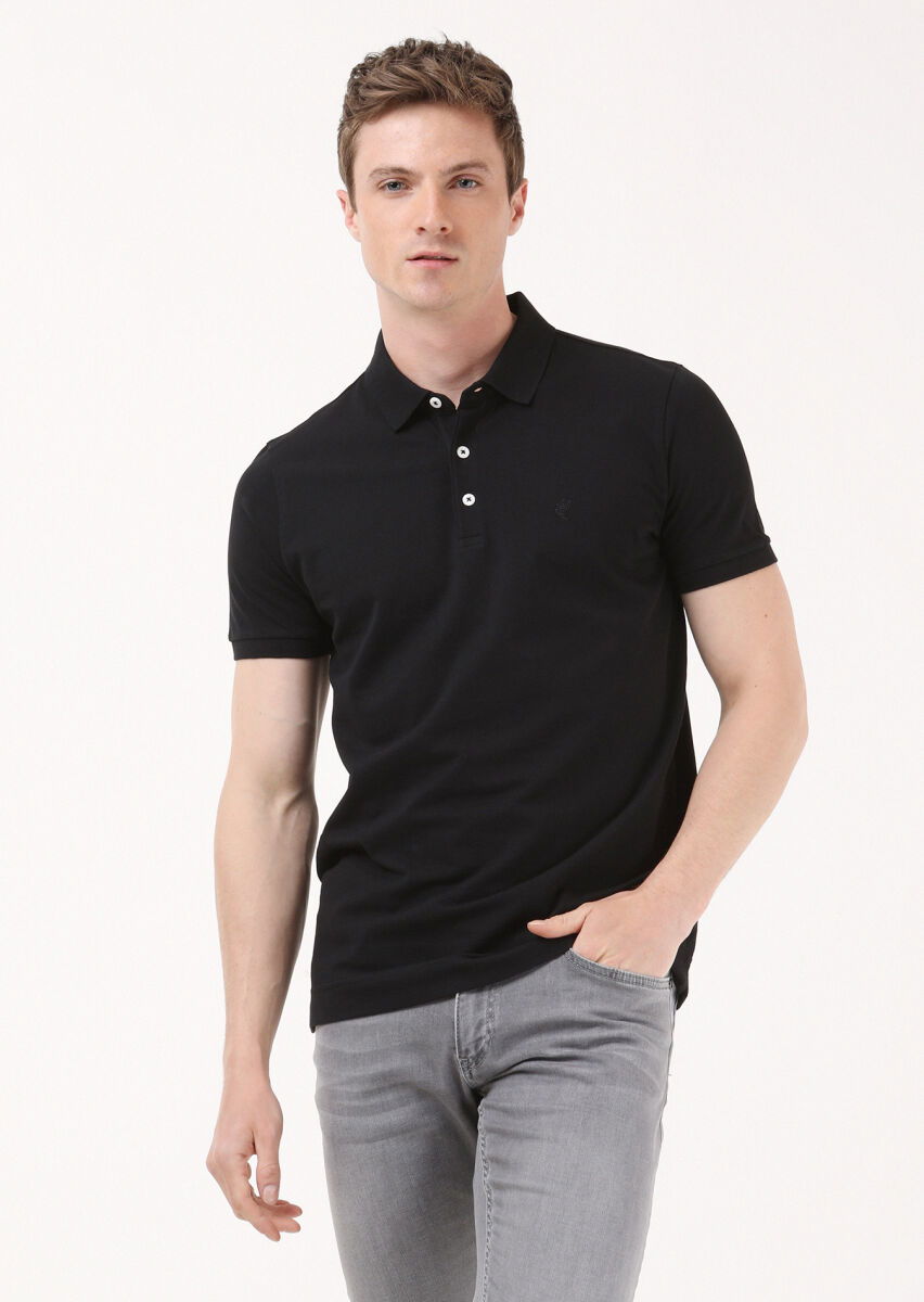 Siyah Jakarlı Polo Yaka %100 Pamuk T-Shirt - 3