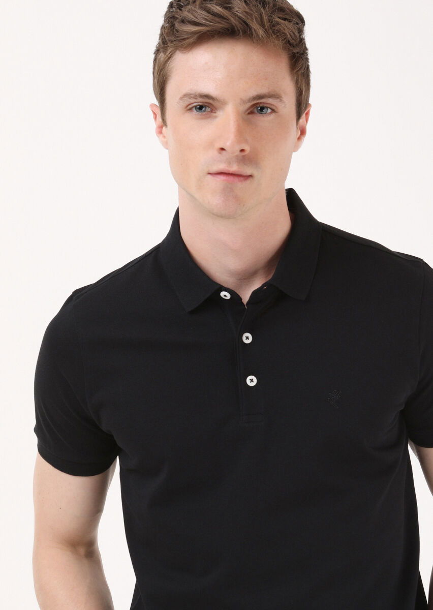 Siyah Jakarlı Polo Yaka %100 Pamuk T-Shirt - 4