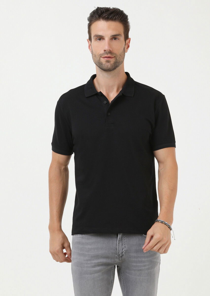 Siyah Jakarlı Polo Yaka %100 Pamuk T-Shirt - 1