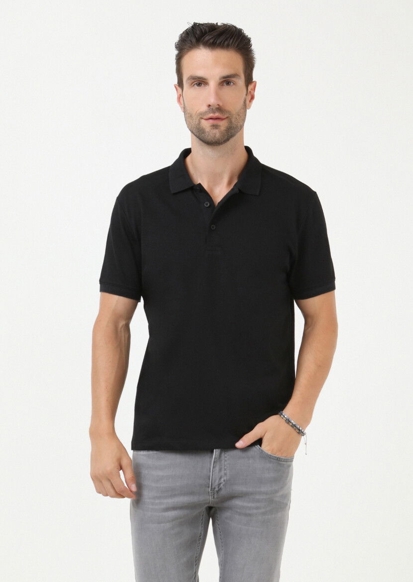 Siyah Jakarlı Polo Yaka %100 Pamuk T-Shirt 