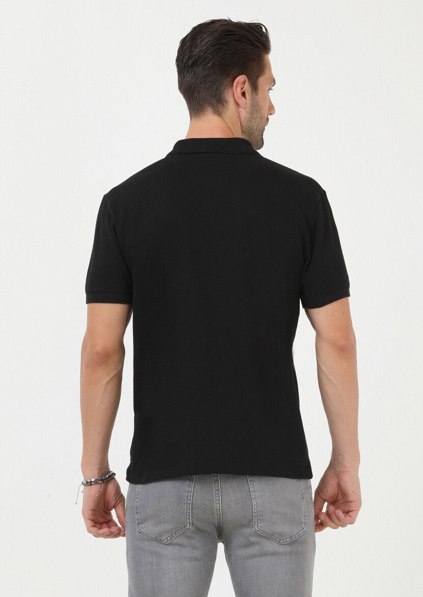 Siyah Jakarlı Polo Yaka %100 Pamuk T-Shirt - 4