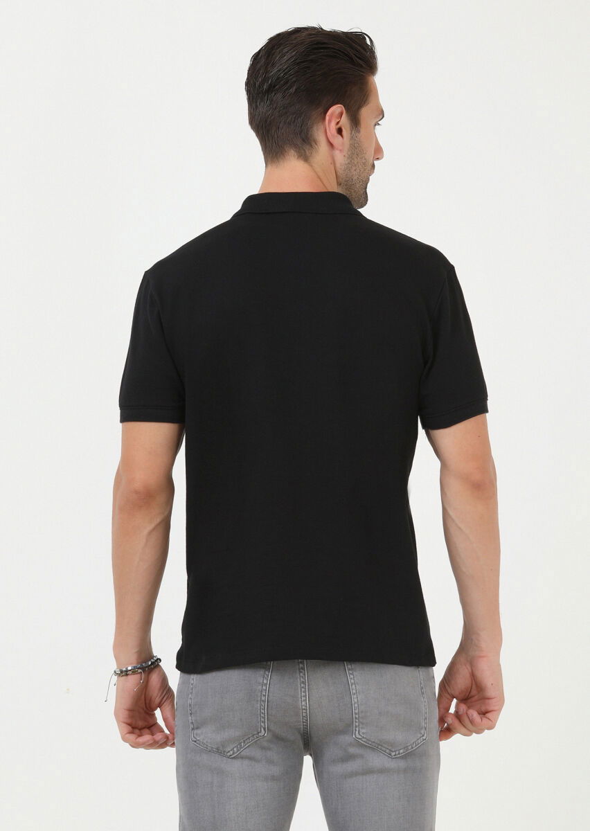 Siyah Jakarlı Polo Yaka %100 Pamuk T-Shirt - 4