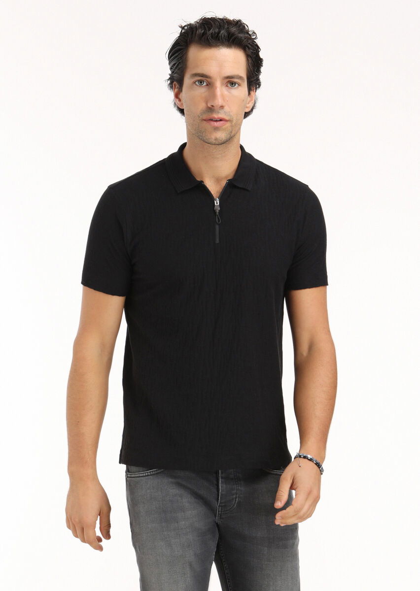 Siyah Jakarlı Polo Yaka %100 Pamuk T-Shirt - 2