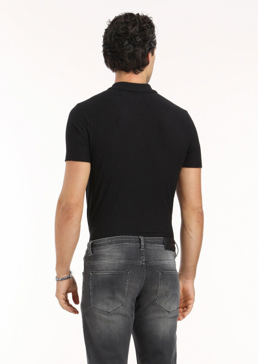 Siyah Jakarlı Polo Yaka %100 Pamuk T-Shirt - 5