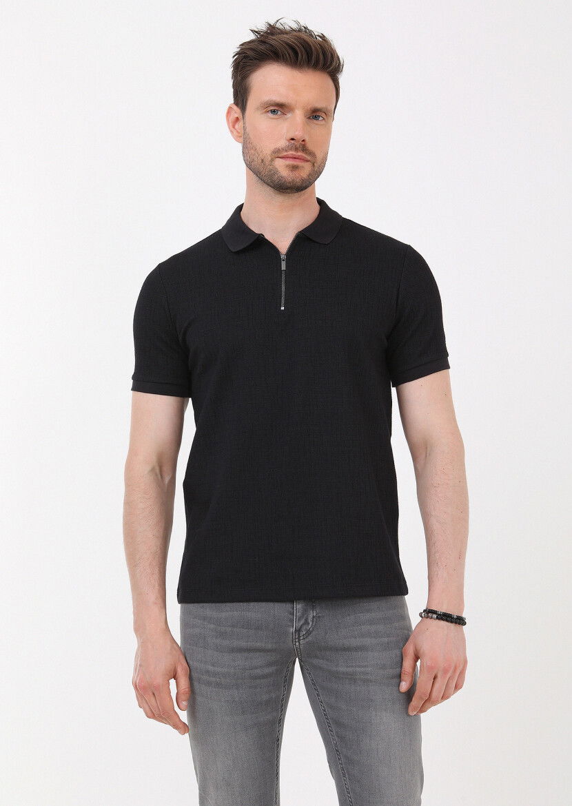 Siyah Jakarlı Polo Yaka Pamuk Karışımlı T-Shirt 
