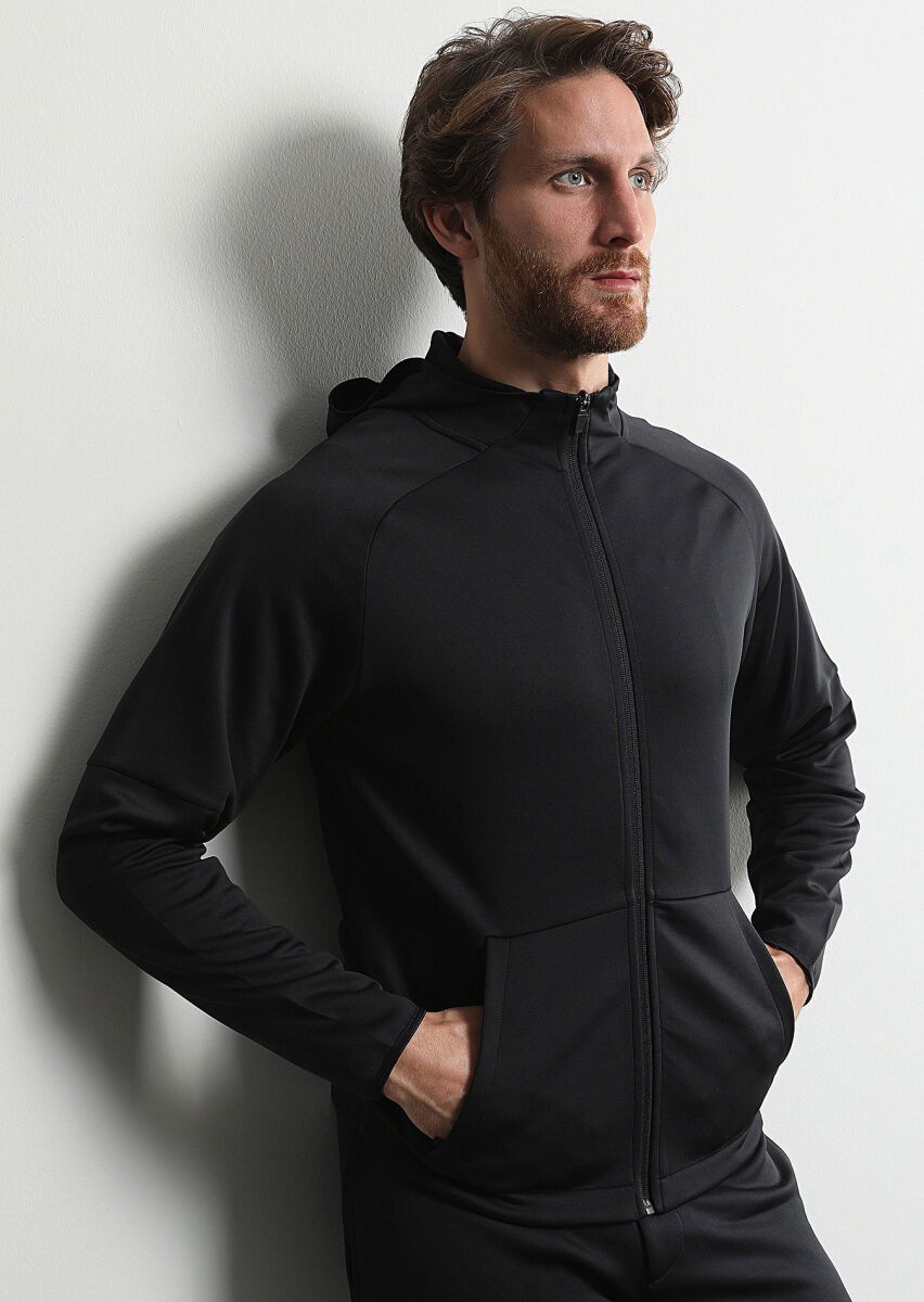 Siyah Kapüşonlu Düz Sweatshırt - 1