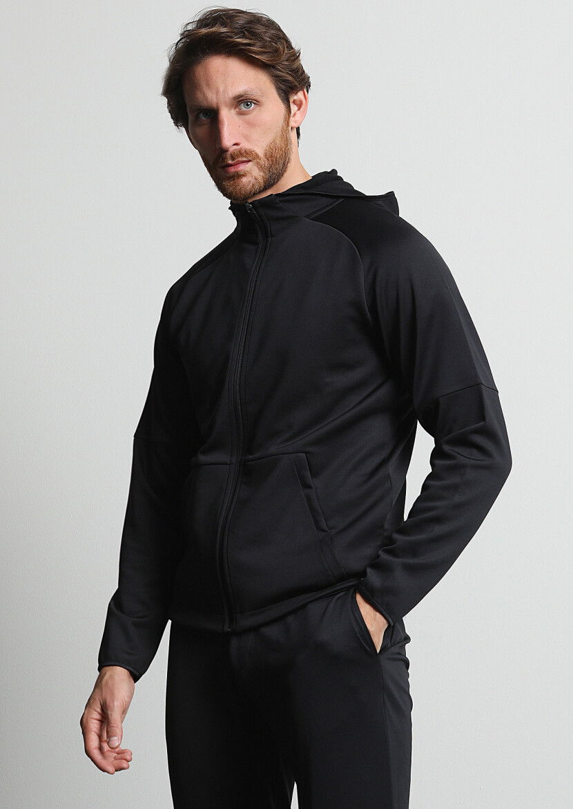 Siyah Kapüşonlu Düz Sweatshırt - 2