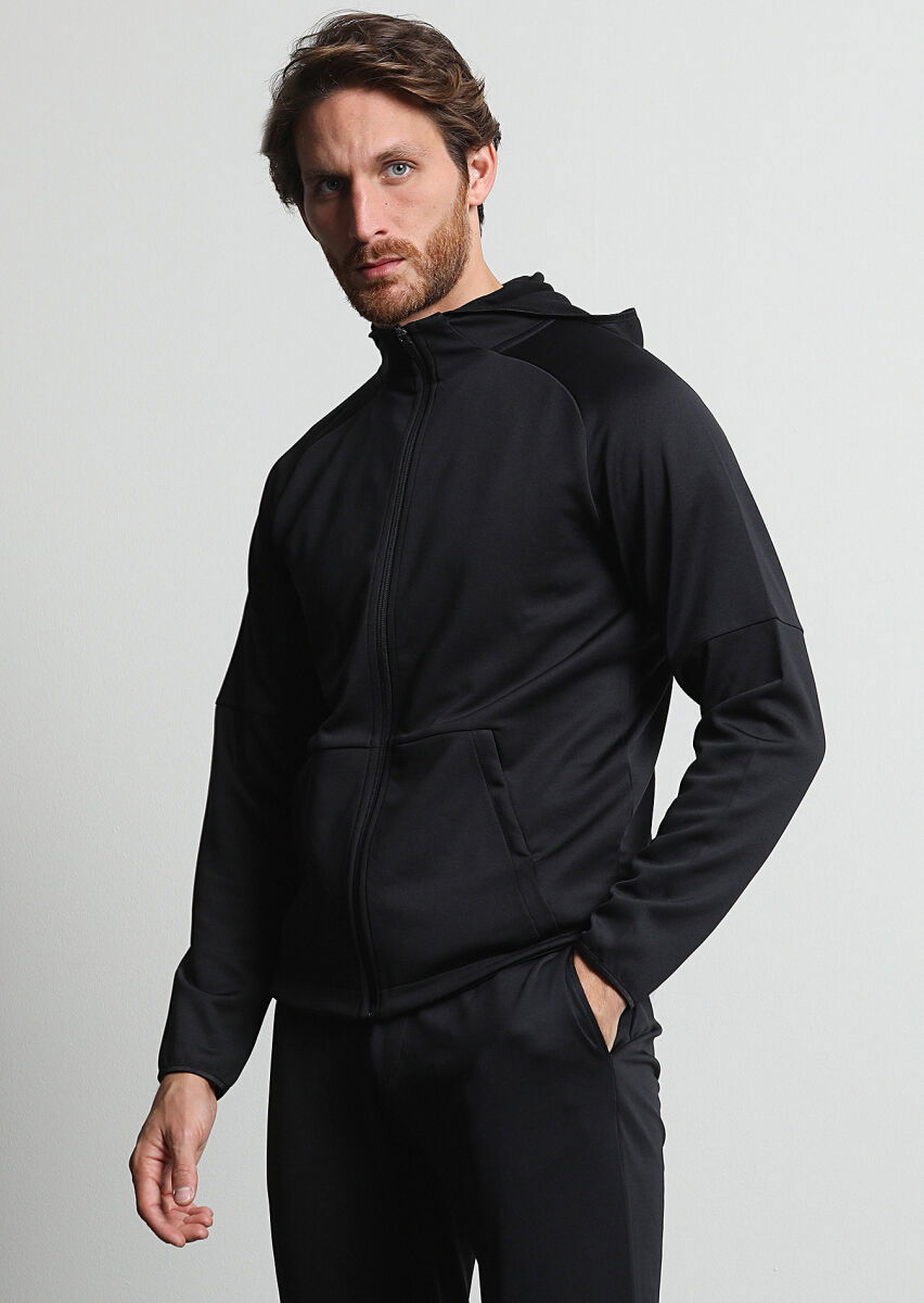 Siyah Kapüşonlu Düz Sweatshırt - 2