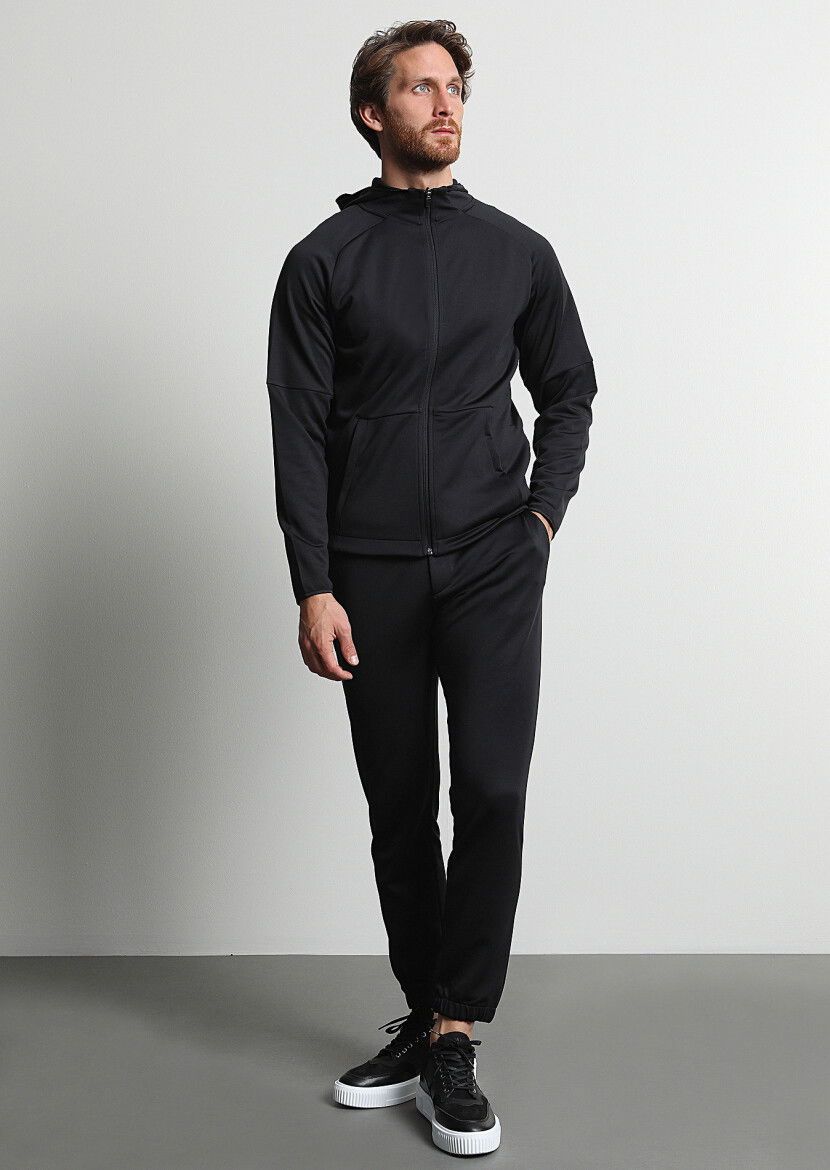 Siyah Kapüşonlu Düz Sweatshırt - 4