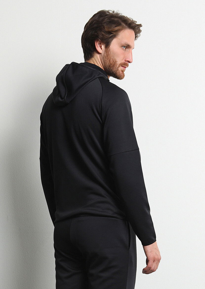 Siyah Kapüşonlu Düz Sweatshırt - 5