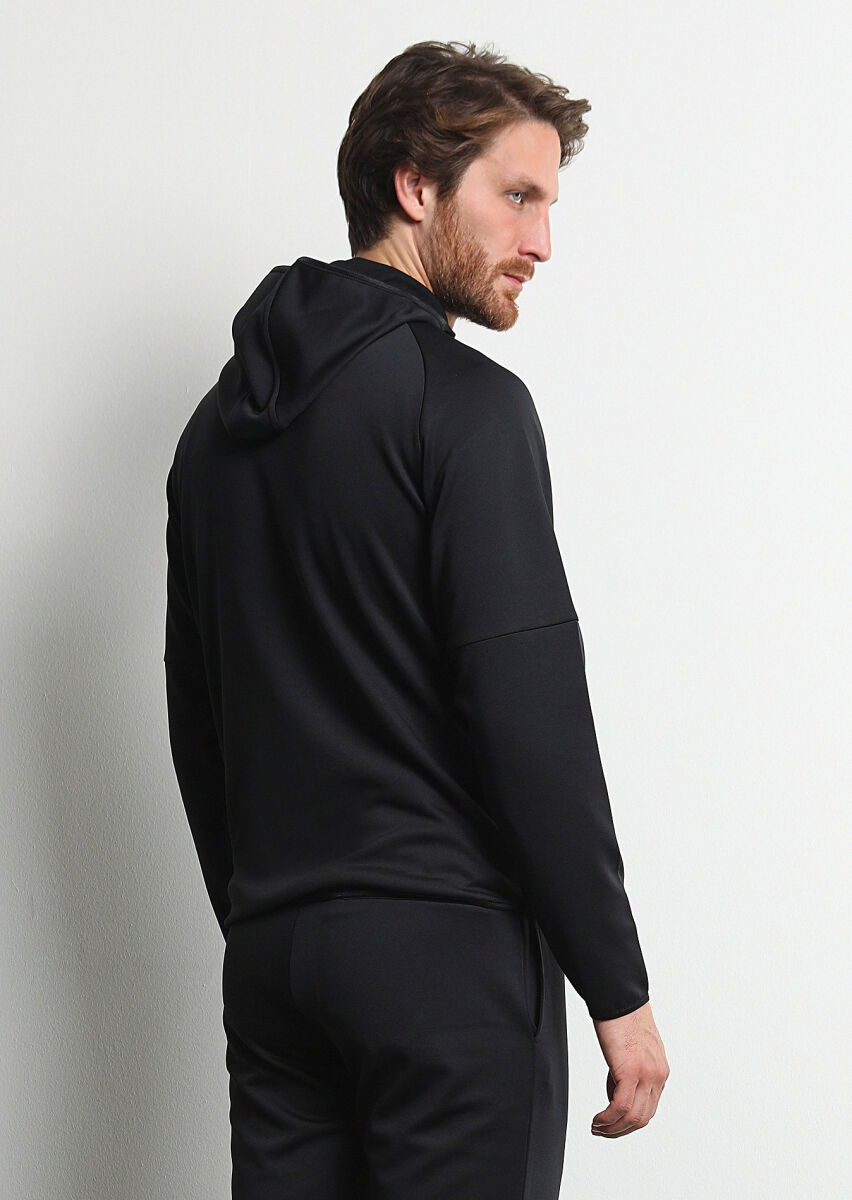 Siyah Kapüşonlu Düz Sweatshırt - 5