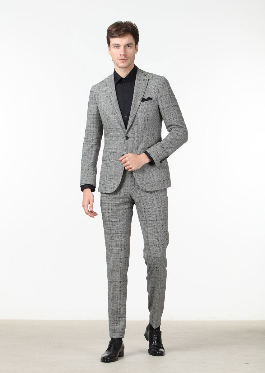 Siyah Kareli Zeroweight Slim Fit %100 Yün Takım Elbise - 1