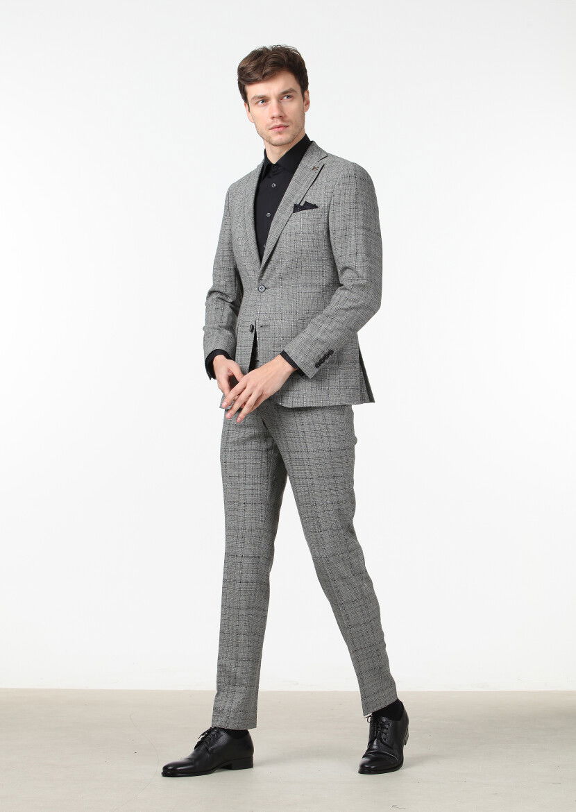 Siyah Kareli Zeroweight Slim Fit %100 Yün Takım Elbise - 2