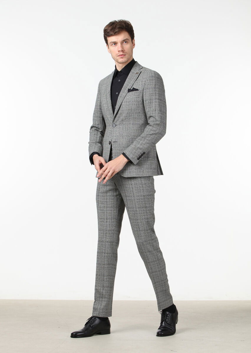 Siyah Kareli Zeroweight Slim Fit %100 Yün Takım Elbise - 2