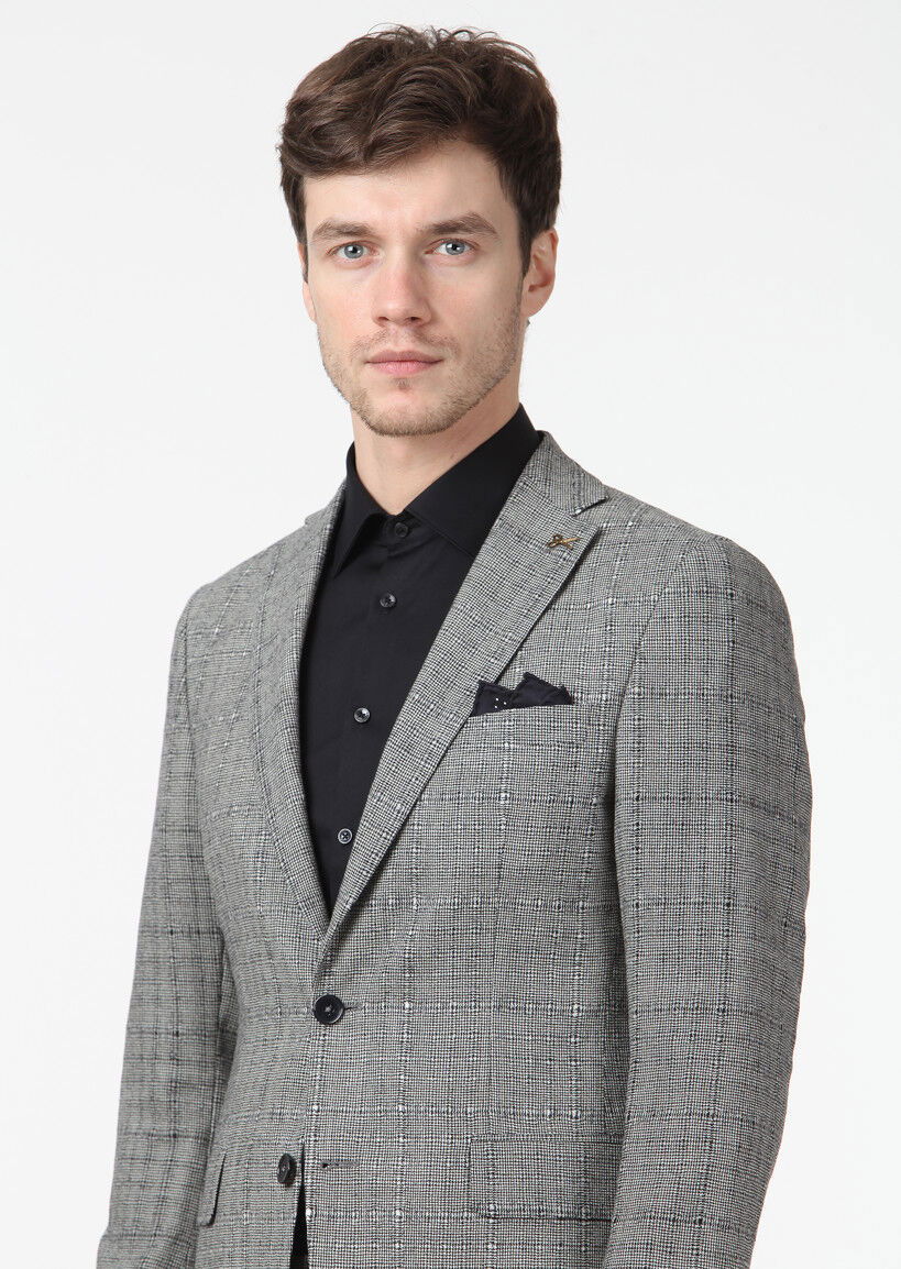 Siyah Kareli Zeroweight Slim Fit %100 Yün Takım Elbise - 3