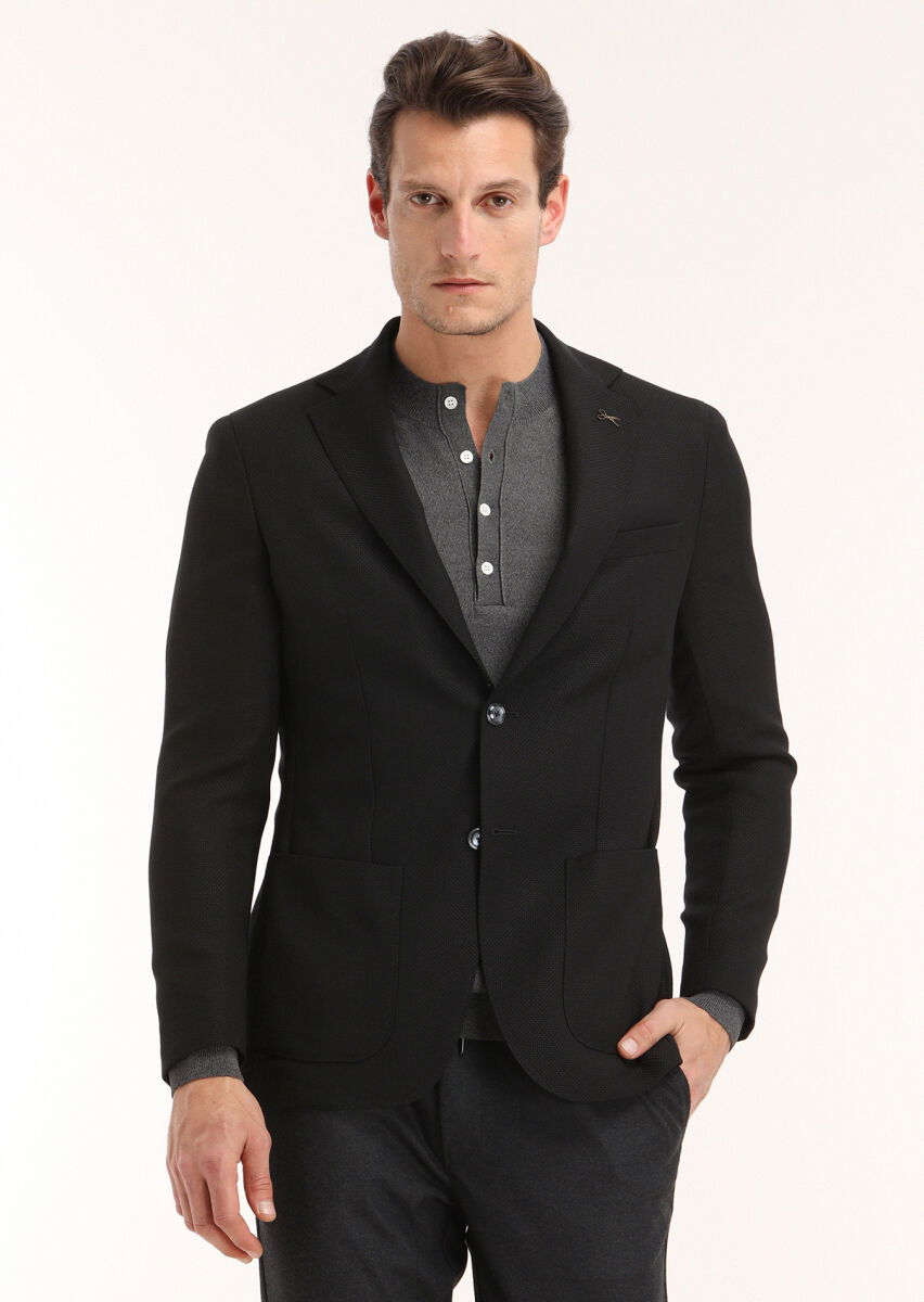 Siyah Mikro Comfort Fit %100 Yün Ceket - 3