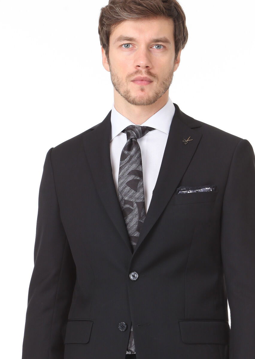 Siyah Mikro Modern Fit %100 Yün Takım Elbise - 2